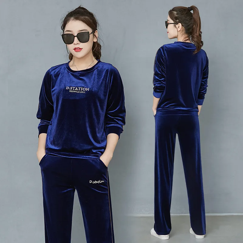 Blue long straight Осенняя и зимняя женская куртка спортивная модная повседневная мягкая велюровая Толстовка комплект из 2 предметов пуловер с длинными рукавами спортивные костюмы - Цвет: Blue long straight