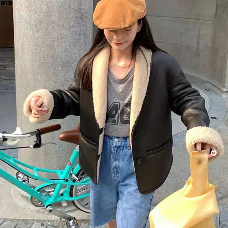 

Merino Sheep Fur Coat Winter Women 2021 New Arrival Short Length Genuine Leather Jacket Turn-Down Collar Casual Style