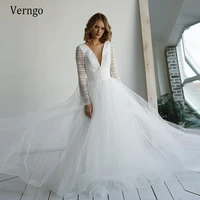 verngo boho vintage lace and tulle a line wedding dresses 2021 long sleeves v neck backless bohemian bride gowns plus size