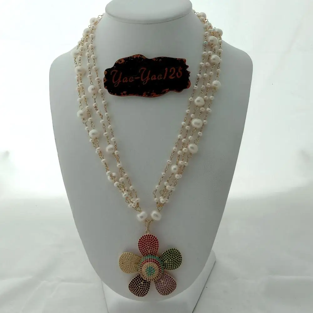 Круглое Белое пресноводное жемчужное ожерелье 24 дюйма 4 ряда с кулоном в виде