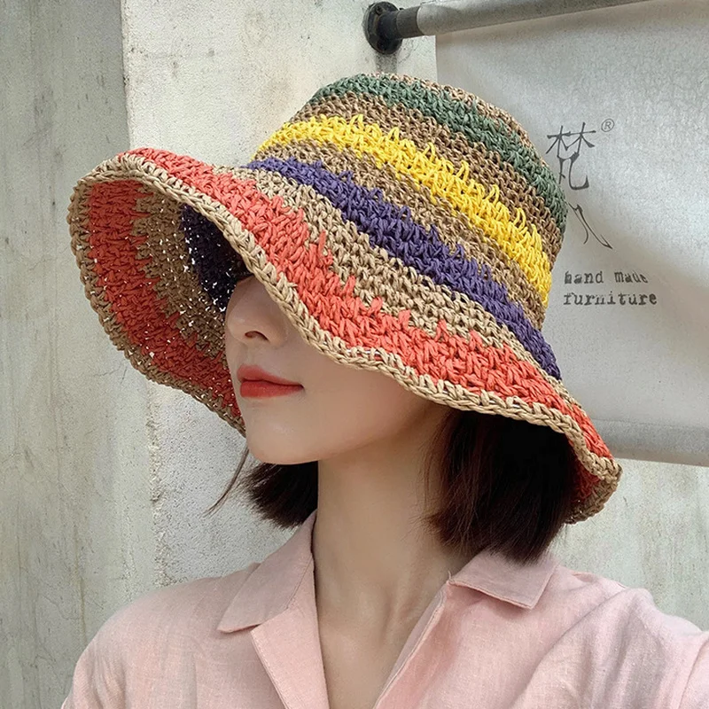 

Шляпа женская Соломенная в радужную полоску, складная пляжная шапка, головной убор для улицы, летняя