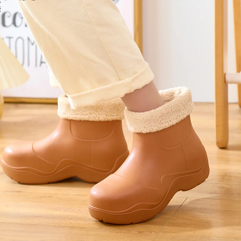 Women's Winter Waterproof Rain Boots Plus Velvet Thick-Soled Warm Home Cotton Shoes Garden Vegetable Garden Waterproof Slippers