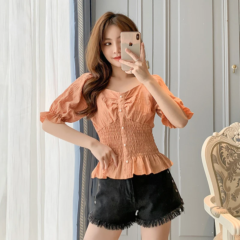 COIGARSAM шифоновая блузка женская с расклешенными рукавами плиссированные