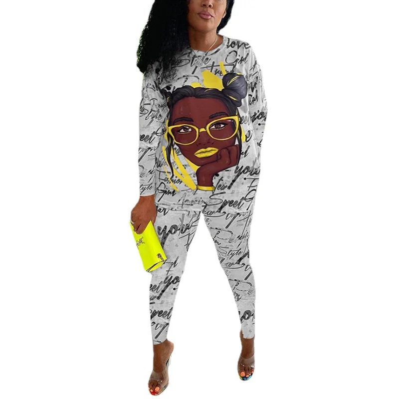 

2 Pieces Pants Sets Women Cartoon Letter Printed Long Sleeve T-shirt & Pants