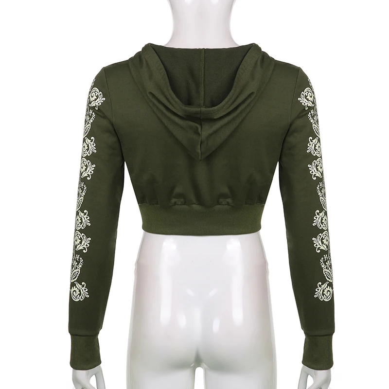 Rockmore Printed Crop Hooded Jackets Streetwear Vintage Cotton Coats Autumn Casual Women Zip Up Hoodies Female Fairy Grunge