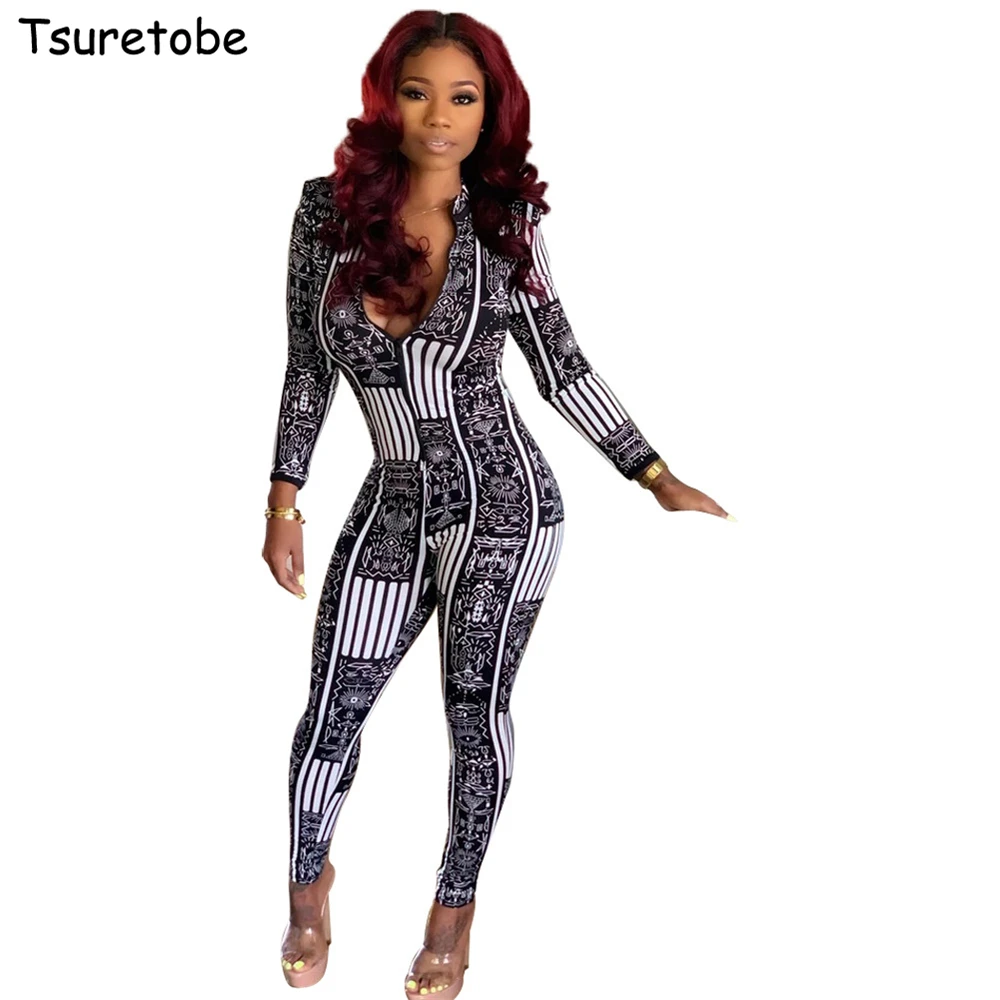 

Tsuretobe Skinny Print Jumpsuit With Zipper Women Sexy Long Sleeve Rompers Pencil Pants Bodycon Overalls V-neck Outfits Female
