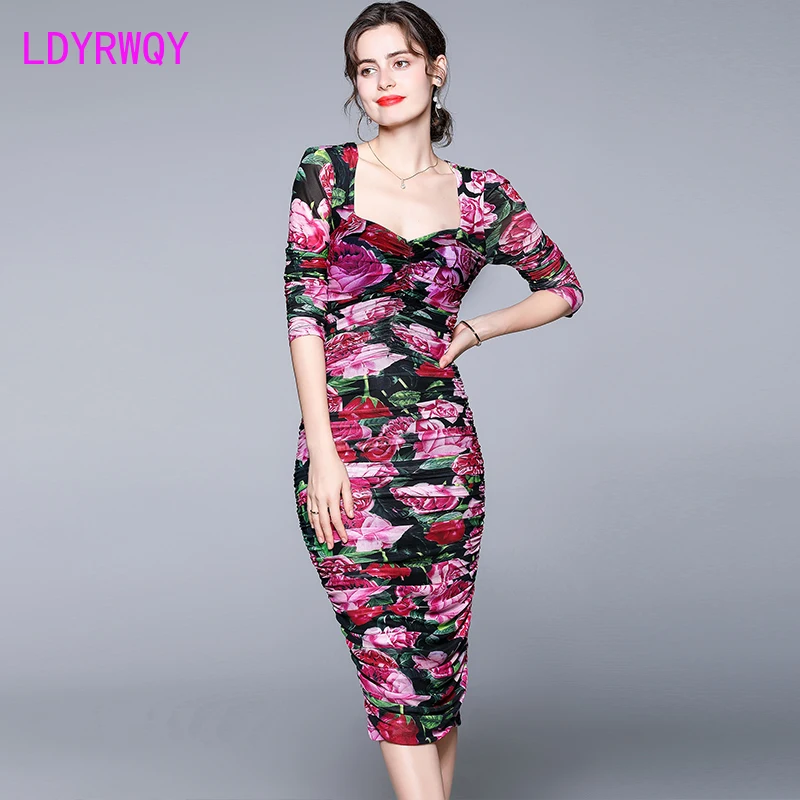 

LDYRWQY 2021 Puff sleeve mesh pleated elastic waist bag hip print dress new product Polyester Office Lady Sheath