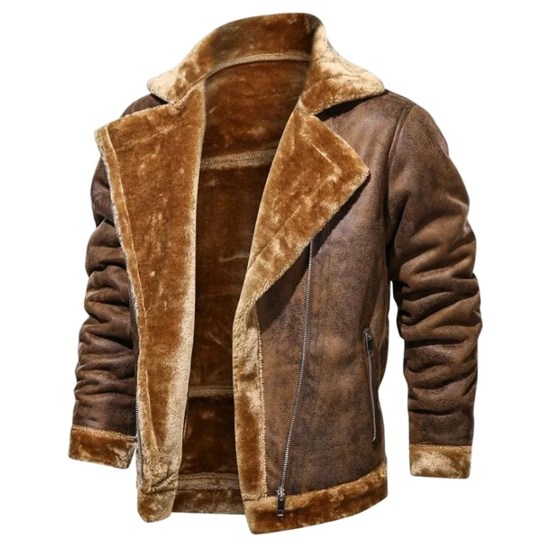 Large Fur Collar Leather Jacket Velvet Thick Male Fur Lapel Fur Leather Coat Male Thicken Warm Casual Outwear