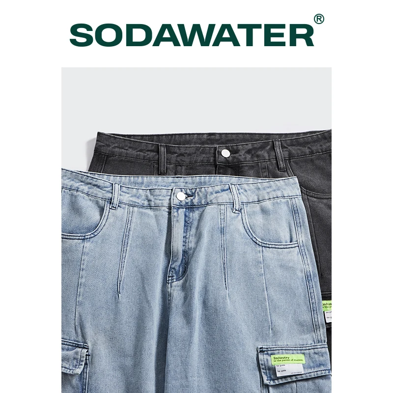

SODAWATER Mens Blue Stretch Jeans 2021 Spring Multi Pockets Straight Denim Pants Men Plus Size Male Baggy Pants 3579S21