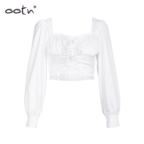 White OOTN элегантная белая кружевная блузка с длинным рукавом, Женский плиссированный укороченный топ, квадратный воротник, на шнуровке, на пуговицах, с пышными рукавами, сексуальная рубашка с оборками - Цвет: White