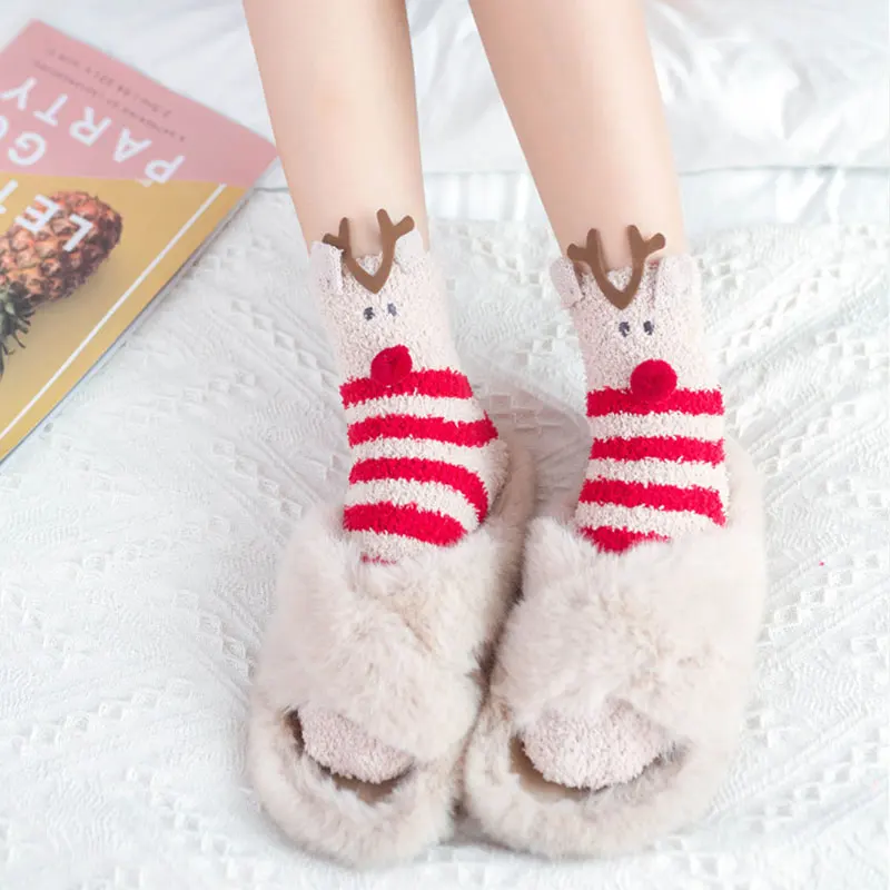 

Christmas Socks Winter Women Night Sleep Socks Fluffy Cartoon Santa Claus Snowman Elk Warm Gift Coral Fleece Floor Slipper Socks
