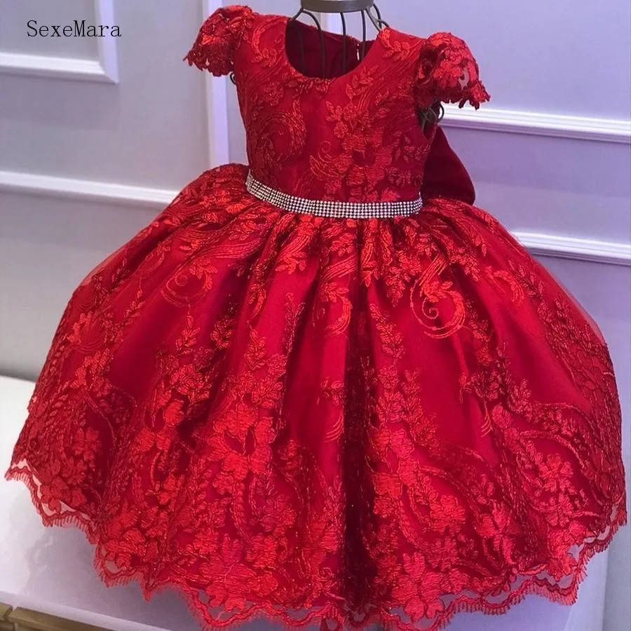 Cute Red Lace Tulle Baby Girls Dresses Satin Bow Formal Wear Pageant Party Gowns Infant First Birthday Dress Cap Sleeve
