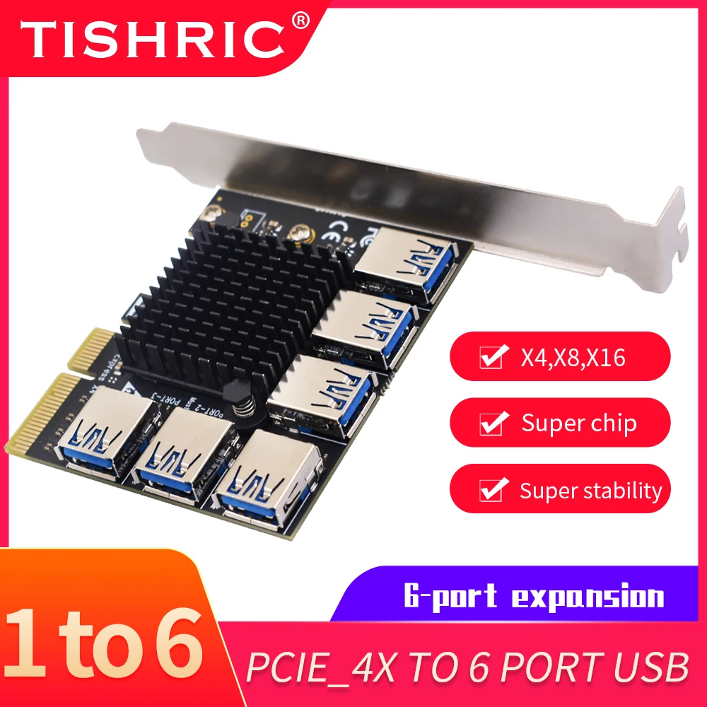

Плата расширения TISHRIC PCIE от 4 до 6 портов USB 3,0, Райзер, усилитель, концентратор PCI Express, Райзер 009S Plus для майнинга биткоинов ETH