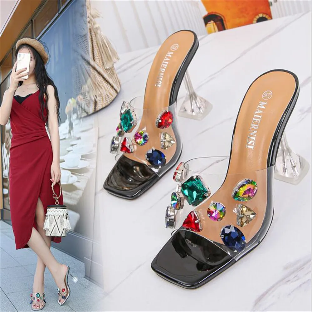 

Slippers Heels Diamond Clear PVC Transparent Summer Mules Femme Peep Toe Cup Heel 9cm Dress Sandals Women Shoes Pumps Size 35-46