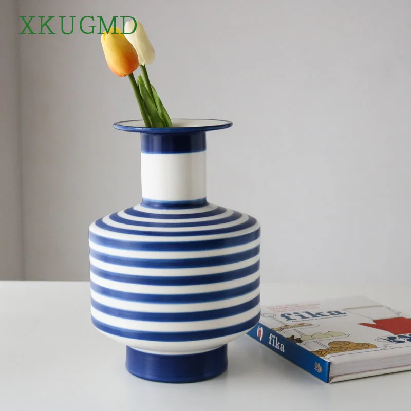 

Nordic Ceramic Blue Striped Matte Glazed Vase Guest Restaurant Desktop Flower Arrangement Container Home Decoration Ornaments