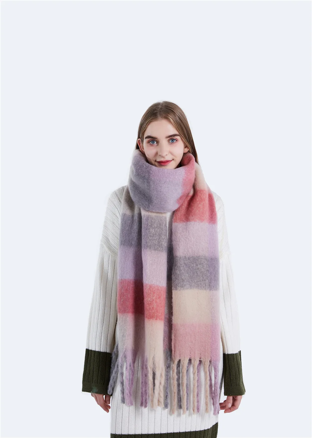 

2020 New Women Plaid Scarf Winter Pashmina Shawls Cashmere Thick Wraps Lady Tassel Warm Scarves Rainbow Hairy