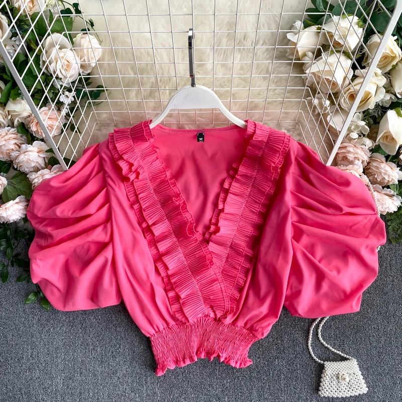 SINGRAIN женская шифоновая блузка с рюшами v-образным вырезом и рукавами-фонариками