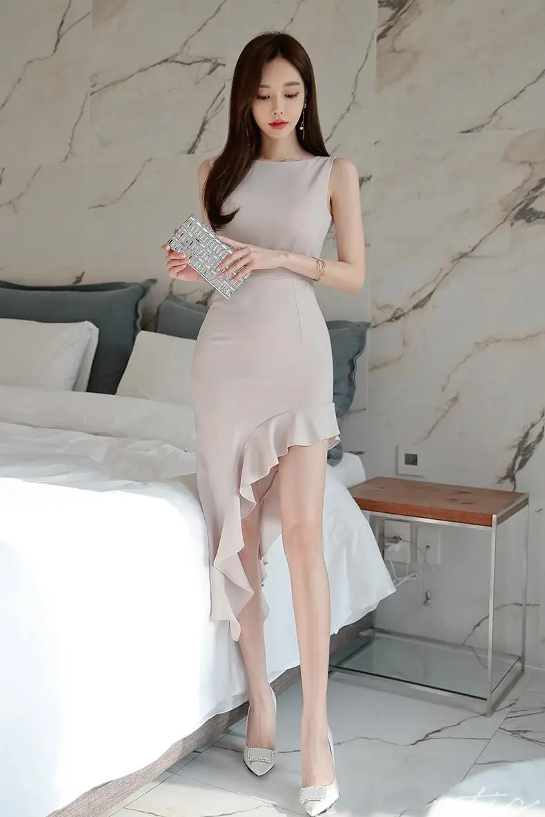 

COIGARSAM Sexy Sleeveless Women dress New Dresses Blue Apricot 9337