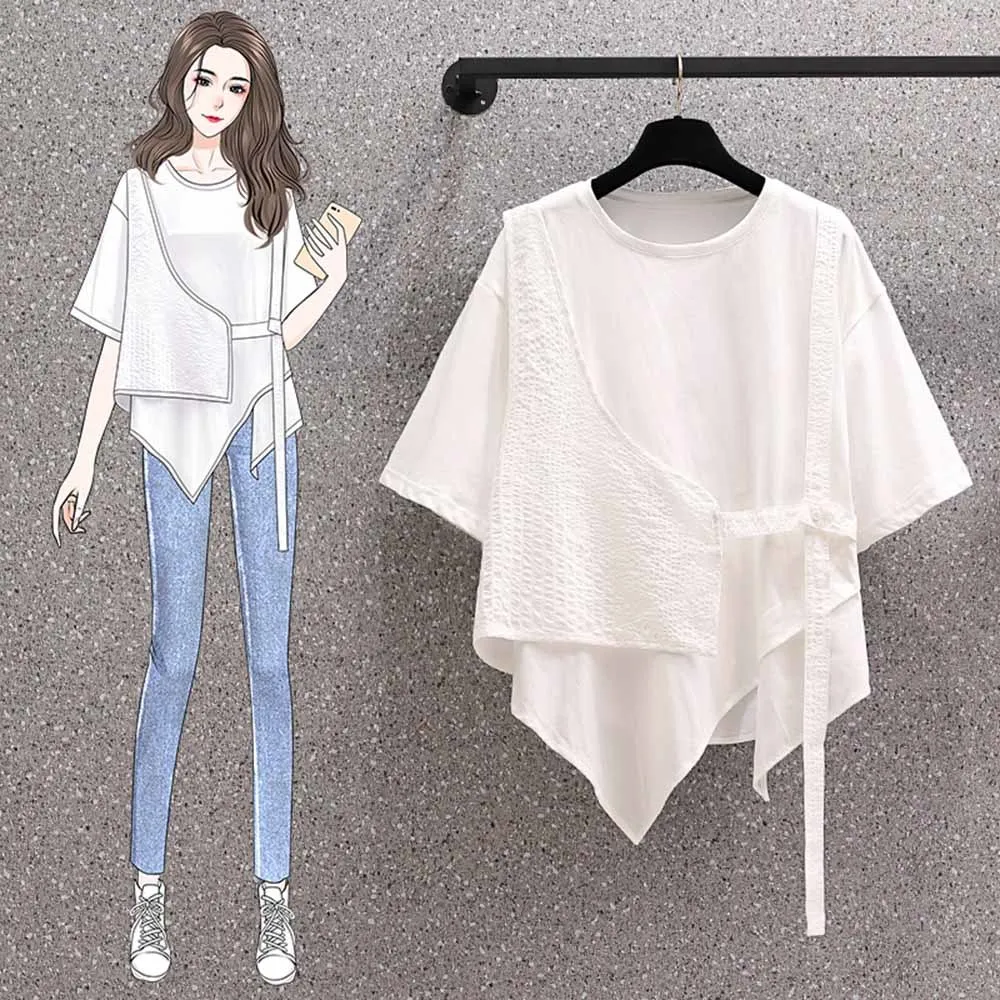 

Irregular Patchwork Fake Two Pieces Shirts for Women Short Sleeve O-neck Graphic Tee Summer 2022 New Tops Shirt