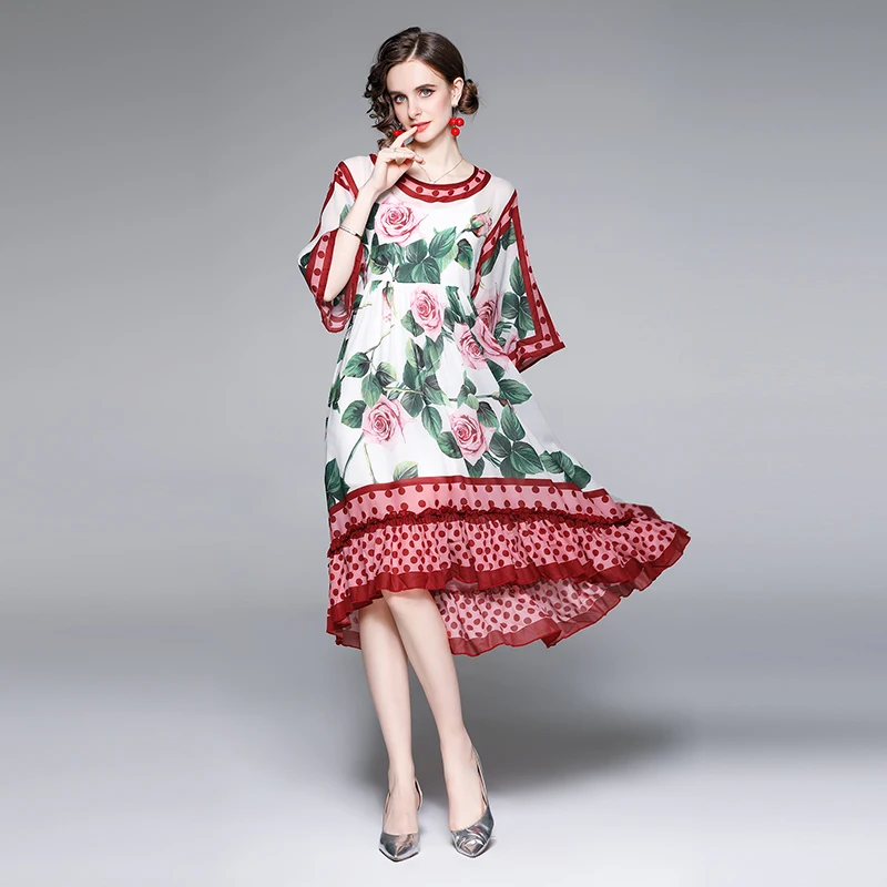 

Merchall 2021 Summer Beach Dress Women Floral Print Chiffon Ruffles Asymmetrical Loose Dresses Ladies Casual Midi Robe M61566