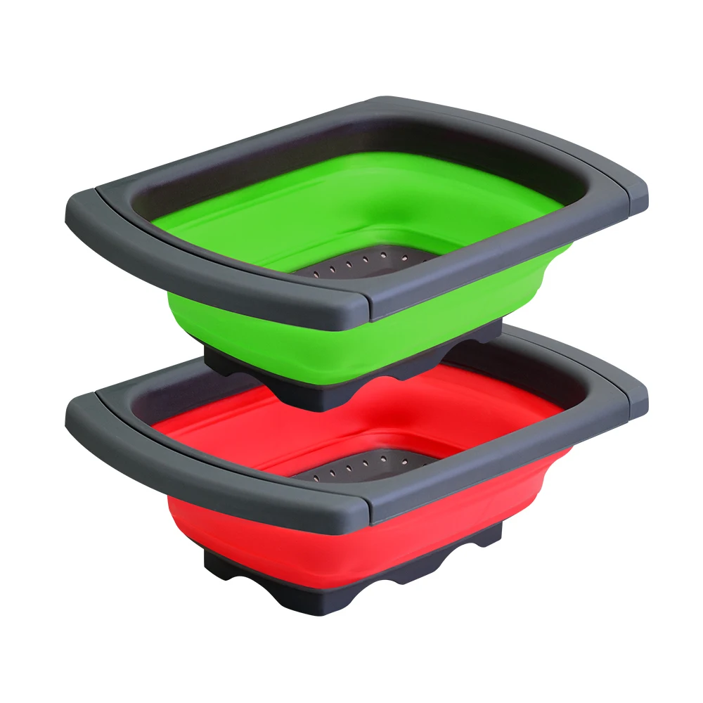 

Square Shape Silicone Collapsible Shrinkable Folding Water Basin With Handle Kitchen Strainer Fruit Vegetable Washing Strainers