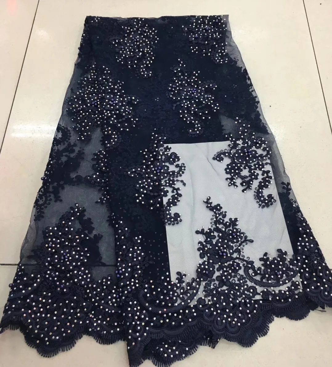 Черная французская кружевная ткань с бусинами и камнями сетка тюль высокое