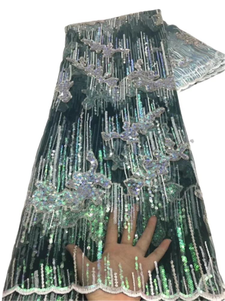 

African Lace Fabric 5 Yards 2021 High Quality Green Sequin Embroidery Nigerian Wedding Dress Sewing Lace Material FHD81