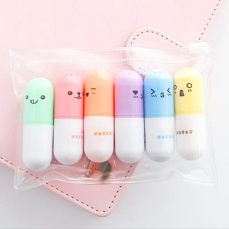 6pcs Cute Mini Smiling Face Pill Highlighter Lovely Cartoon Painting Pen Marking Pens Kawaii Stationery School Office Supplies|Маркеры| |