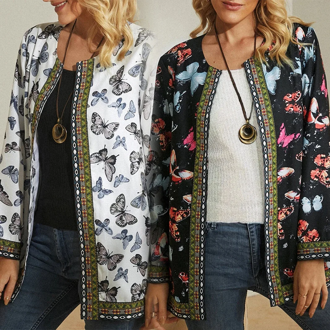 

2022 Autumn And Winter New Round Neck Butterfly Print Long-sleeved Jacket Loose Casual Jacket Jacket Coat Fashion