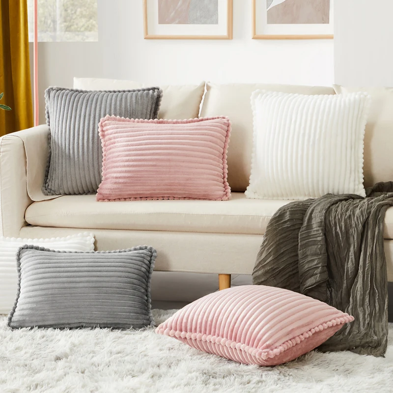 

2pcs Cream Pillow Case Corduroy Flocking Stripe Cushion Cover Pink Grey Soft Home Decorative Pillow Cover 45x45cm/50x50cm