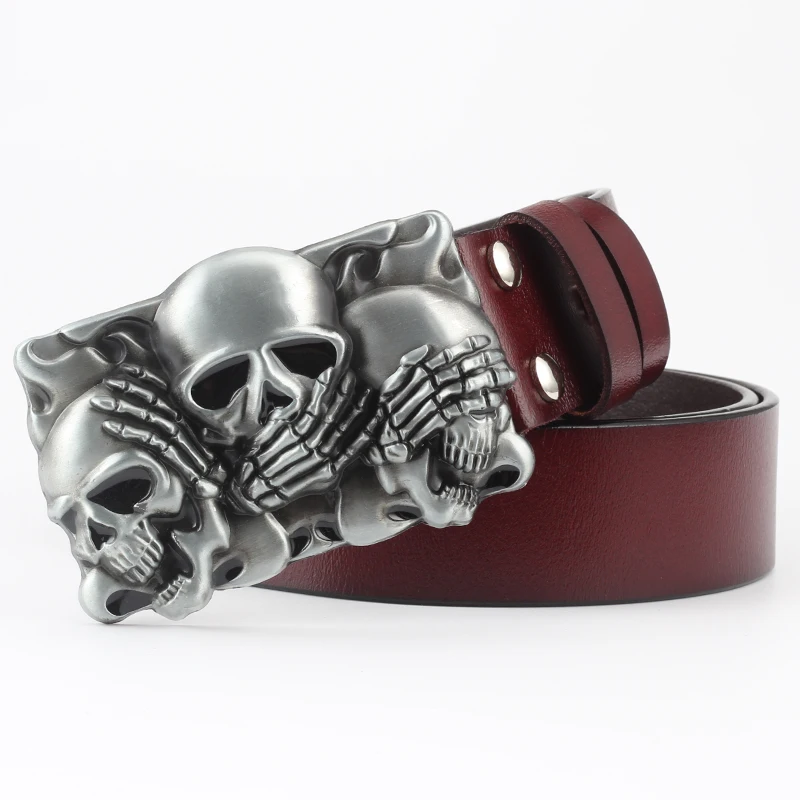 

Genuine Leather Cowboy Belts Punk Rock Cowskin Waist Strap Grim Reaper Skull Head Metal Smooth Buckle Belts Men Leather Belt New
