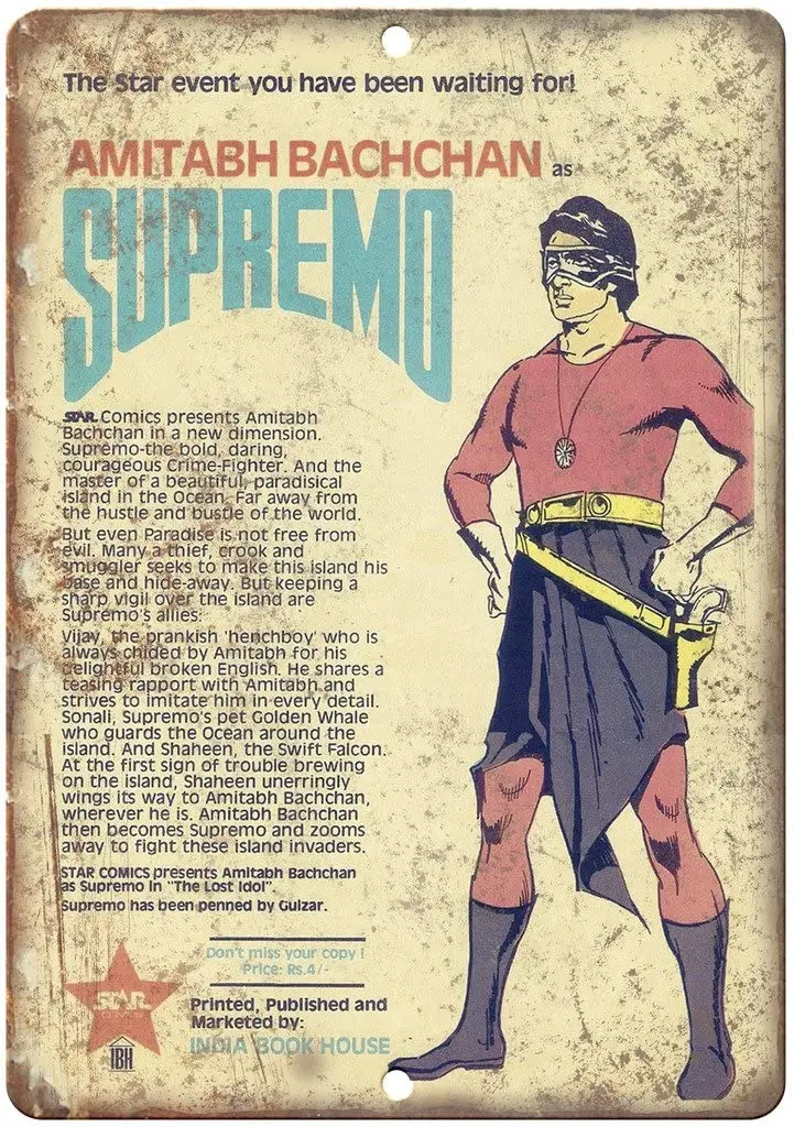 

Supremo Amitabh Bachchan Comic Book Ad 12" X 9" Retro Look Metal Sign J109