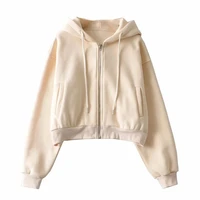 fashion solid zip up hoodies pockets slim crop tops for women autumn and spring jacket sexy hoody drawstring white cotton coats