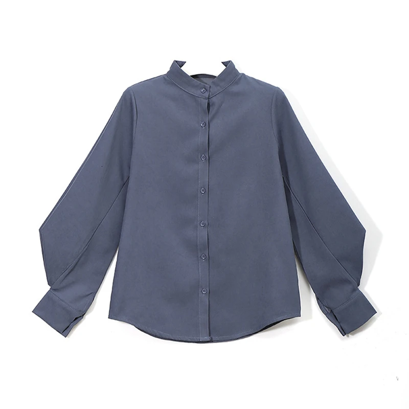 

CHICEVER Korean Casual Blue Shirt For Women Stand Collar Lantern Sleeve Loose Female Blouses Autumn Fashion New 2020 Clothes