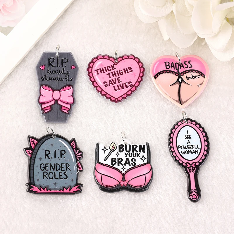 

12Pcs Girl Gang Feminist Empowering Charms Acrylic Pendant 3D Print Jewlery Findings For Earring Necklace Diy