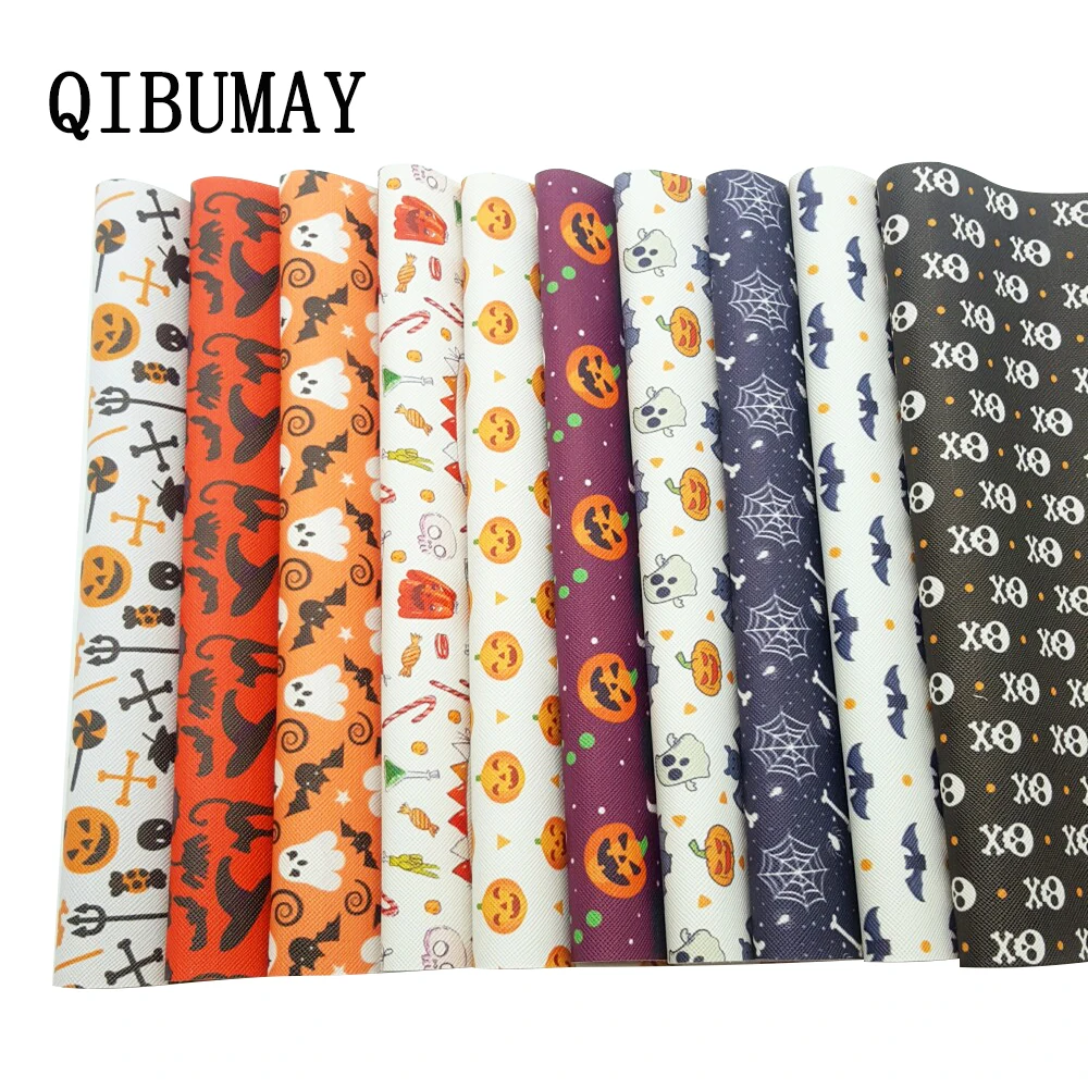 QIBUMAY виниловая ткань для Хэллоуина, листы из искусственной кожи с бантом и принтом черепа, искусственная кожа для бантов 22*30 см, синтетическая кожа