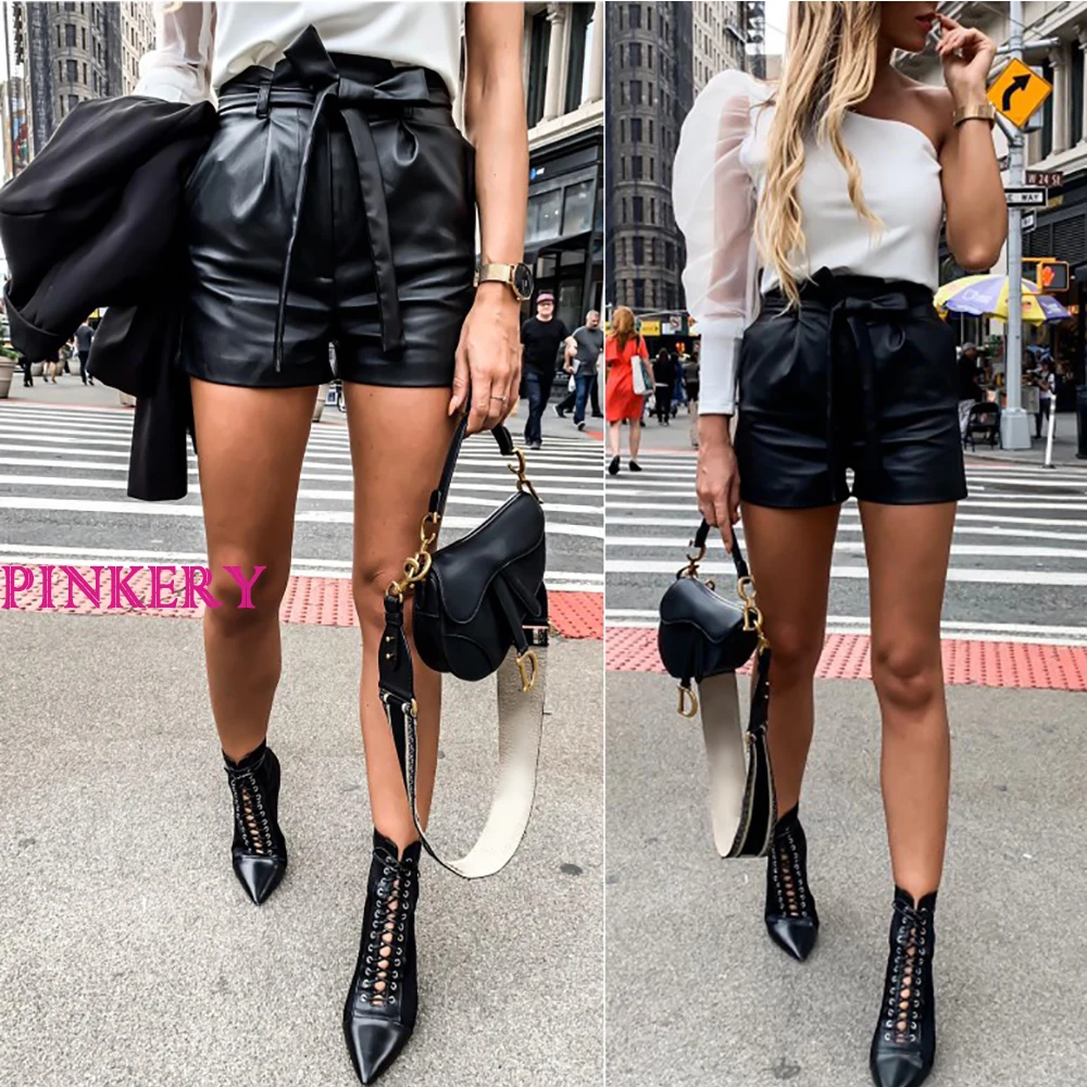 

PU Leather High Waist Shorts Women Black Shorts With Belt Bow Casual Sexy Short Fashion Streetwear Ladies Autumn Winter D30