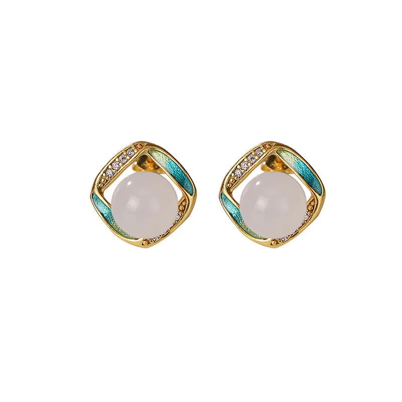 

925 sterling silver gold plated Cloisonne Hetian white jade Ear studs Personality Simple Fashion Geometry Women's earrings