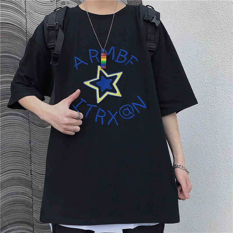 

summer Harajuku Korean girl tops pentagram streetwear hip hop black alphabet embroidery short sleeve tshirt couple loose women