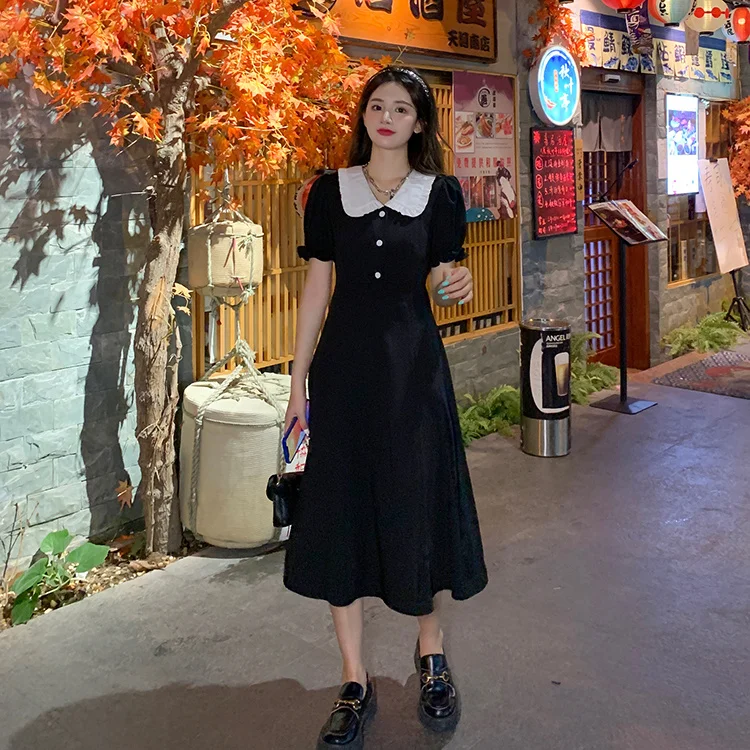 Реальное нежное платье подходящий по цвету кукольный воротник маленький|Женские