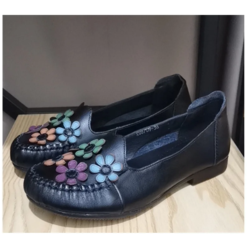Black 8709 OUKAHUI/Новинка года; Осенняя женская обувь; лоферы; повседневная обувь из натуральной кожи на плоской подошве в винтажном стиле; дышащая мягкая элегантная женская обувь на плоской подошве - Цвет: Black 8709