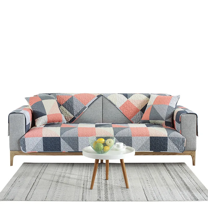 Хлопковый чехол для дивана бежевый клетчатый подушки подлокотника полотенце