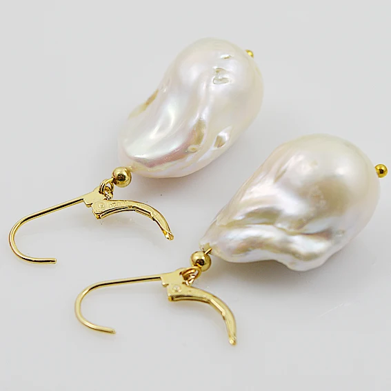 

Terisa Pearl Earring Elegant 100% Genuine Freshwater Pearl Yellow Gold Dangle Earrings For Women Huge 30mm Baroque Pearl Jewelry