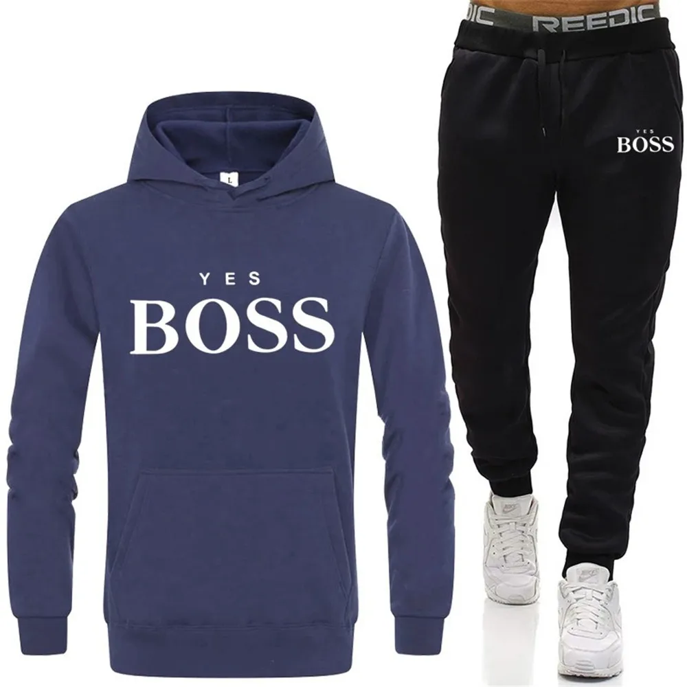 

Men Yes Boss Print Suit Two Pieces Set Men's Hoodies Sweatshirt+Pants Male Hoody Jogging Tracksuit Men Sportswear Brand Outfit