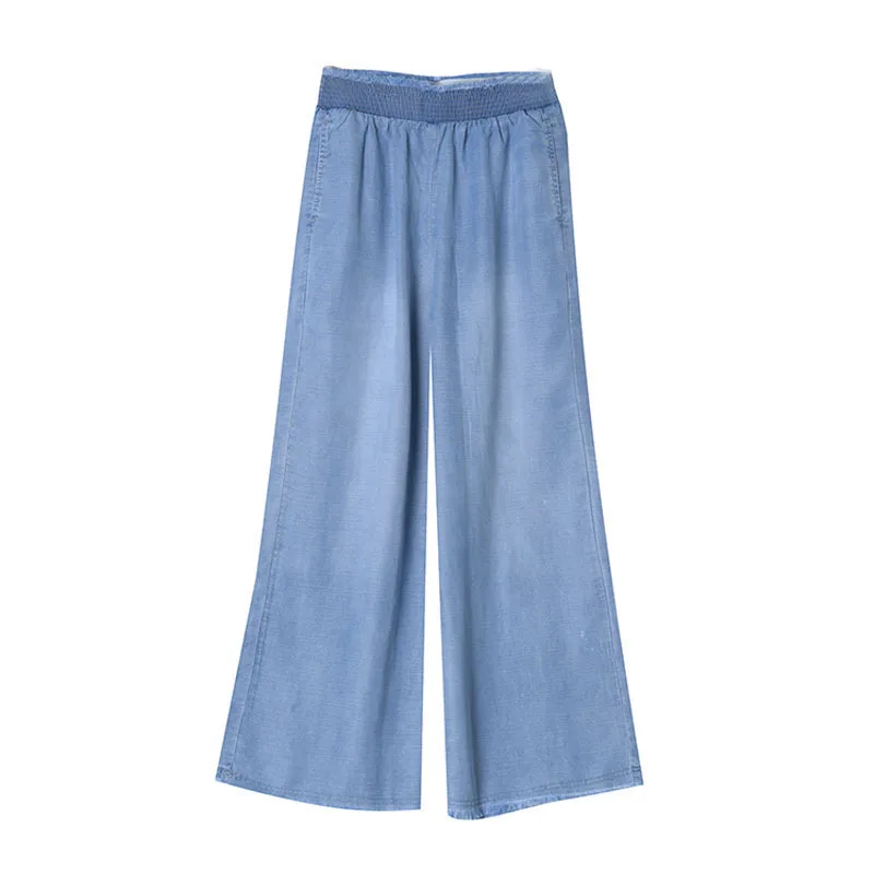 

Tencel Cotton Linen Elastic Waist Summer Female Loose Wide Leg Pants Plus Size 2xl Light Blue Woman Trousers Loose Causal Pants