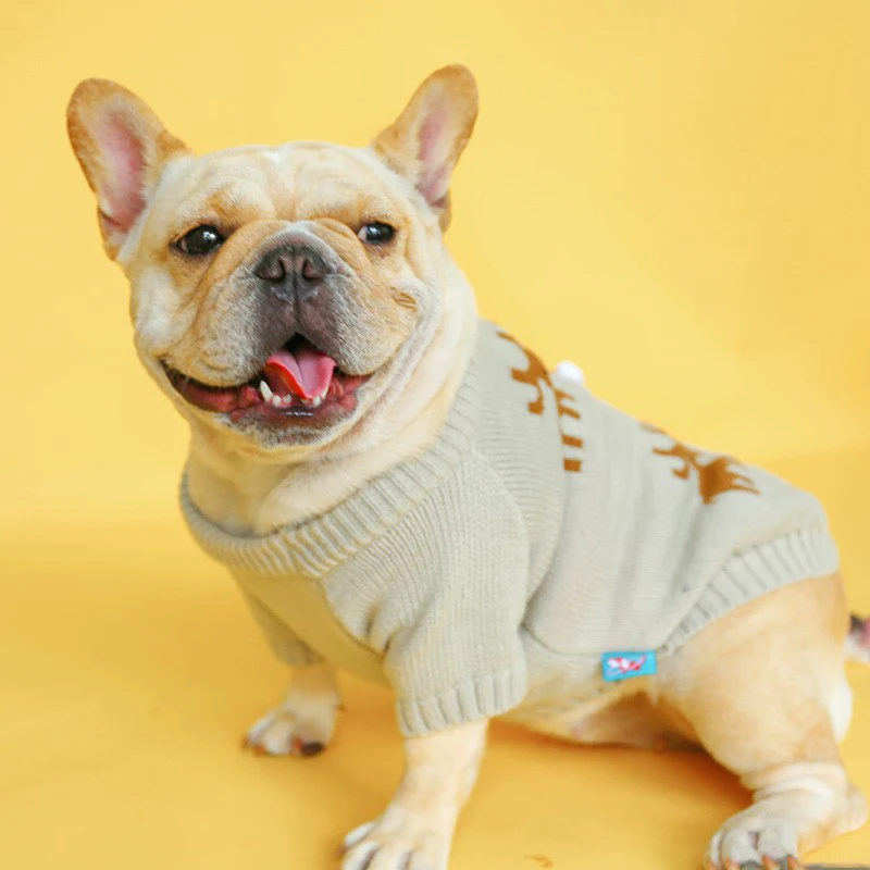 Свитер в виде рождественского оленя с французским бульдогом серый Хлопковый