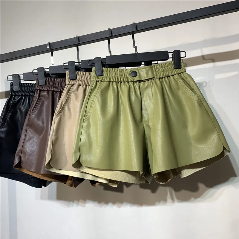 Модные женские шорты с высокой талией из искусственной кожи черный пояс широкие