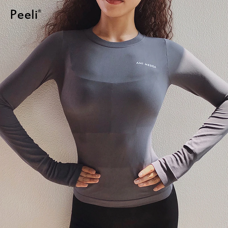 Рубашки для йоги с длинным рукавом Peeli, спортивный топ, топ для фитнеса, йоги, топ для спортзала, спортивная одежда для женщин, футболка для бега