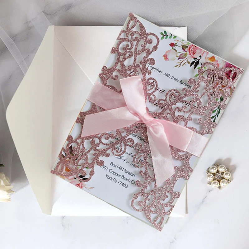 

1pcs Gold Blue Silver Glitter Paper Laser Cut Wedding Invitation Card With Ribbon Personalized Wedding Decor Party Supplies