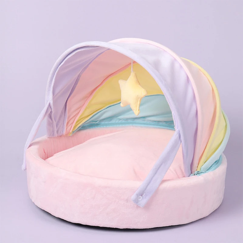 

Hoopet Foldable Cat Cave Cute 2-In-1 Round Pet Bed Pet Tent Puppy Bed Anti-Mosquito Soft Bed Warm Dog Nest Rainbow Pink Cat Bed